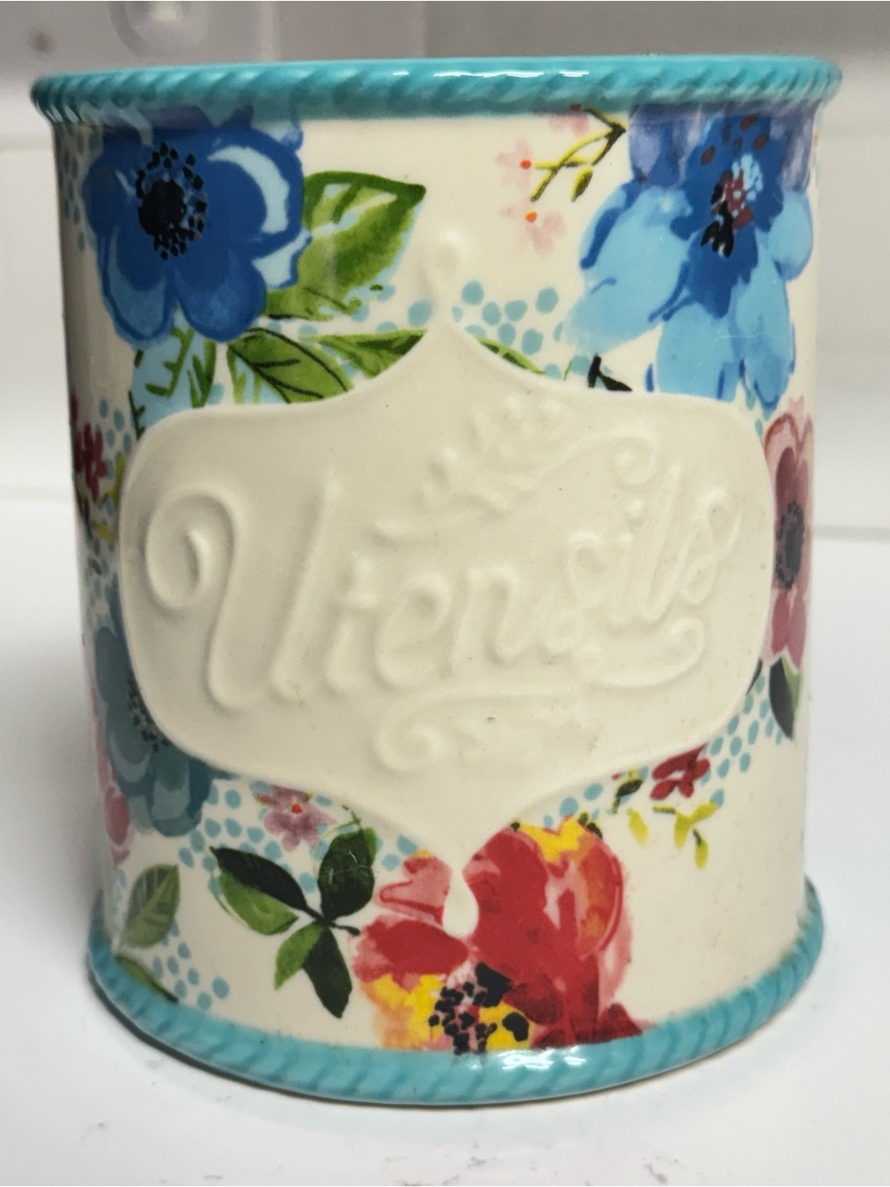 The Pioneer Woman Melody Stoneware Utensil Holder Turquoise Blue Floral